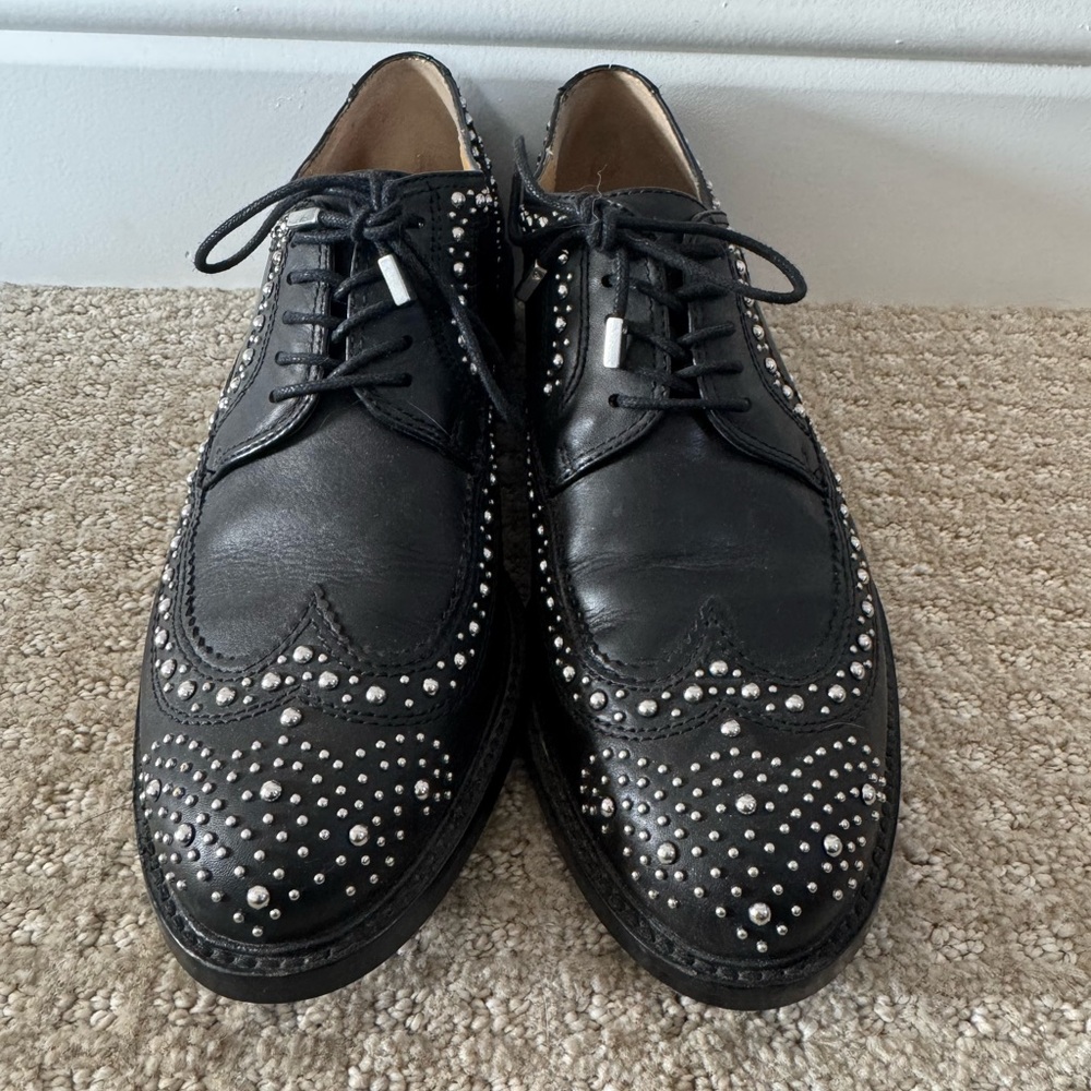 Black Studded Leather Wingtip Oxford Shoes